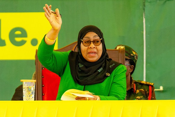 Tanzanian President Samia Suluhu Hassan gestures during a campaign rally ahead of the general elections in Iringa, Tanzania, Tuesday, Oct. 7, 2025. (AP Photo)
Tanzania President