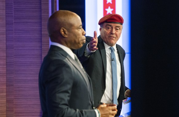 Republican candidate for New York City mayor, Curtis Sliwa, right, speaks during a debate with Eric Adams, Brooklyn borough president and Democratic mayoral candidate, at the ABC-7 studios in New York ...