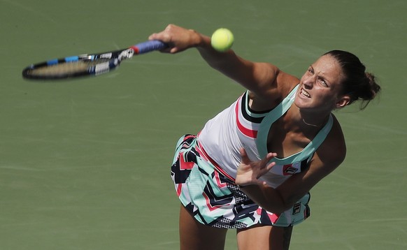 Karolina Pliskova, of the Czech Republic, serves to Nicole Gibbs, of the United States, during the second round of the U.S. Open tennis tournament, Thursday, Aug. 31, 2017, in New York. (AP Photo/Andr ...