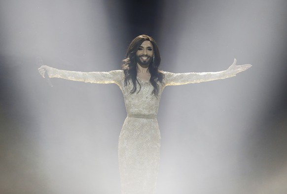 Singer Conchita Wurst representing Austria performs the song 'Rise Like a Phoenix' during a rehearsal of the Eurovision Song Contest Final in the B&amp;W Halls in Copenhagen, Denmark, Friday ...