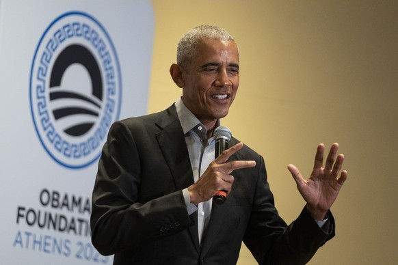 Former U.S. president Barack Obama speaks to the members of the Obama Foundation&#039;s leadership program in Athens, Greece, Wednesday, June 21, 2023. Obama is in Greece to attend an international co ...