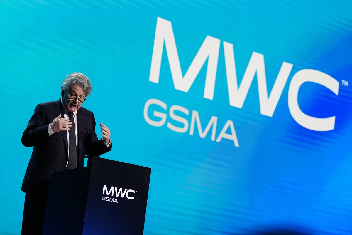 epa10493638 Commissioner for Internal Market of the European Union, Thierry Breton, takes part in the Mobile World Congress (MWC) held at Fira Barcelona in Barcelona, Spain, 27 February 2023. MWC Barc ...