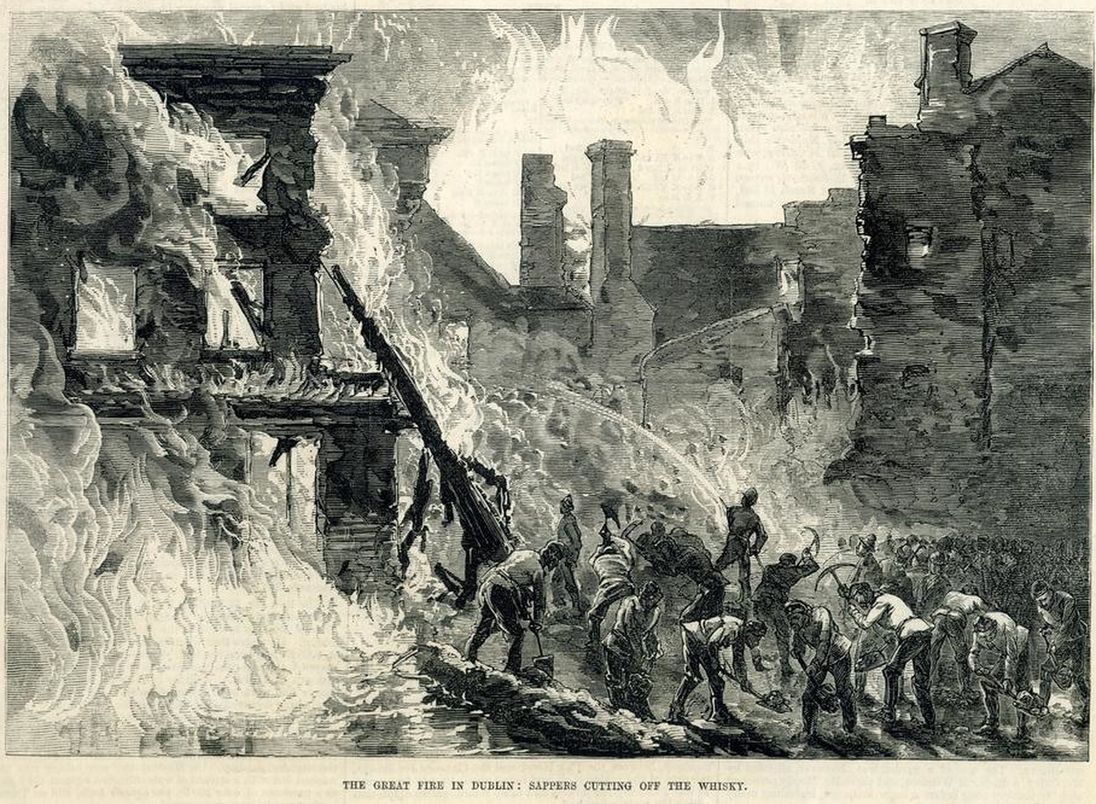 Darstellung des Dubliner Whiskeybrandes, um 1875.
https://de.wikipedia.org/wiki/Dubliner_Whiskeybrand#/media/Datei:Whiskey_Fire_Dublin.png