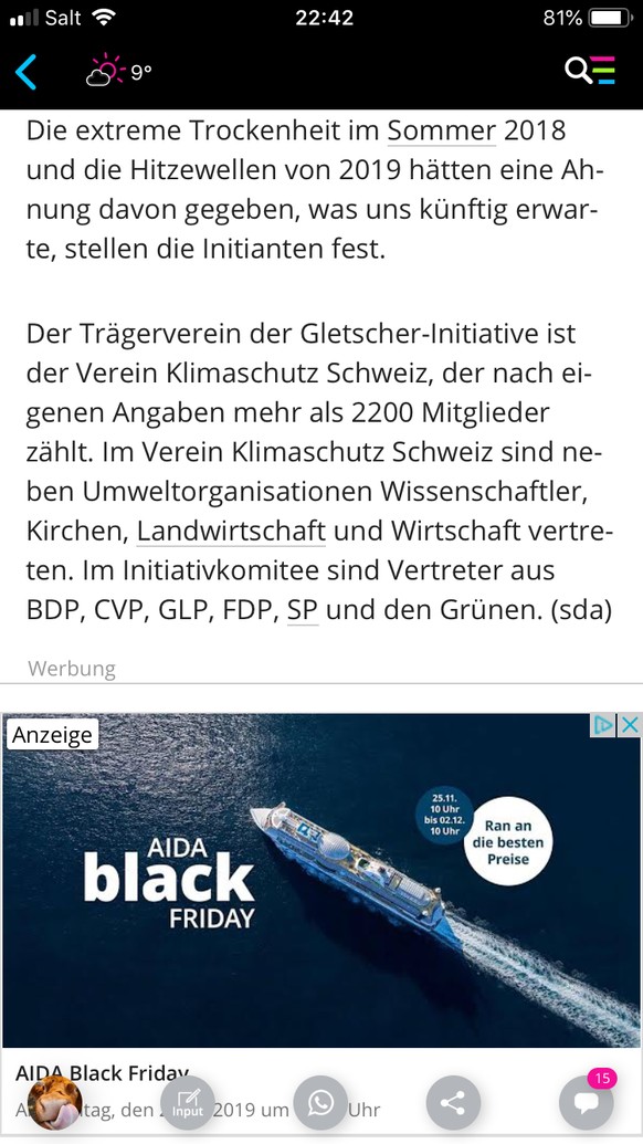 Gletscher-Initiative mit über 110&#039;000 Unterschriften eingereicht
Black Friday Superpreise auf Kreuzfahrten als Anzeige unter diesem Artikel. Na wenn das nicht ein perfektes Beispiel für unsere Ge ...