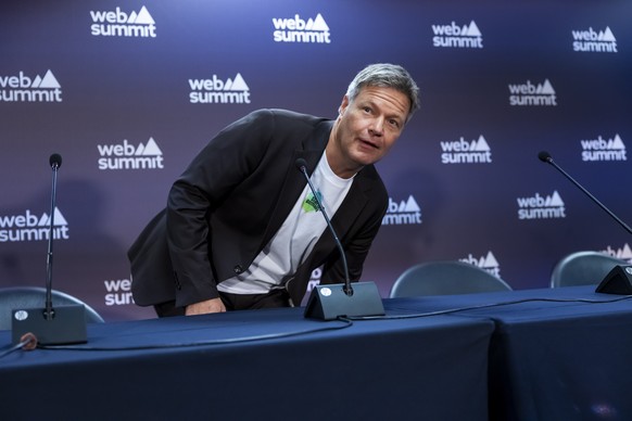 epa11716578 German Vice Chancellor and Minister for Economy and Climate Robert Habeck attends a press conference at the 2024 Web Summit in Lisbon, Portugal, 12 November 2024. The Web Summit 2024 takes ...