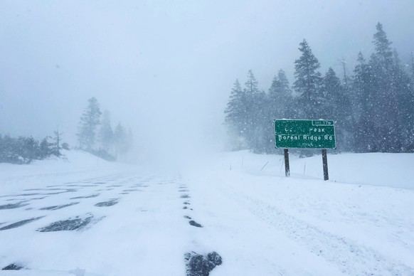 Castle Peak exit and Boreal Ridge Road exit off I-80, with snowy conditions, on Donner Summit, near Donner Pass, Calif., Tuesday, Feb. 17, 2026. (Anthony Edwards/San Francisco Chronicle via AP)
Winter ...