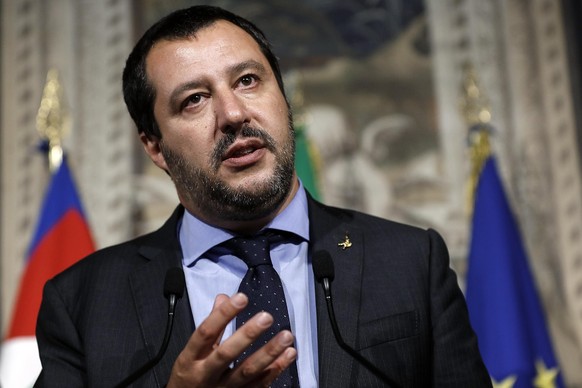 FILE - In this Monday, May 14, 2018 file photo, Leader of the League party, Matteo Salvini, addresses the media after meeting with Italian President Sergio Mattarella, at the Quirinale presidential pa ...