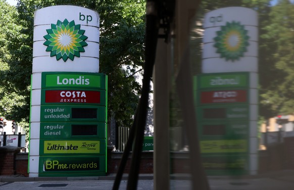 epa12284041 A BP (British Petroleum) sign at a BP petrol station in London, Britain, 05 August 2025. BP reported a fall in second-quarter profits of 2.35 billion USD (1.76 billion euros) for the three ...
