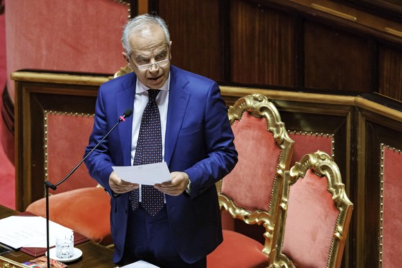 Italian Interior Minister Matteo Piantedosi addresses the Senate in Rome, Thursday, Jan. 23, 2025. (Roberto Monaldo/LaPresse via AP)