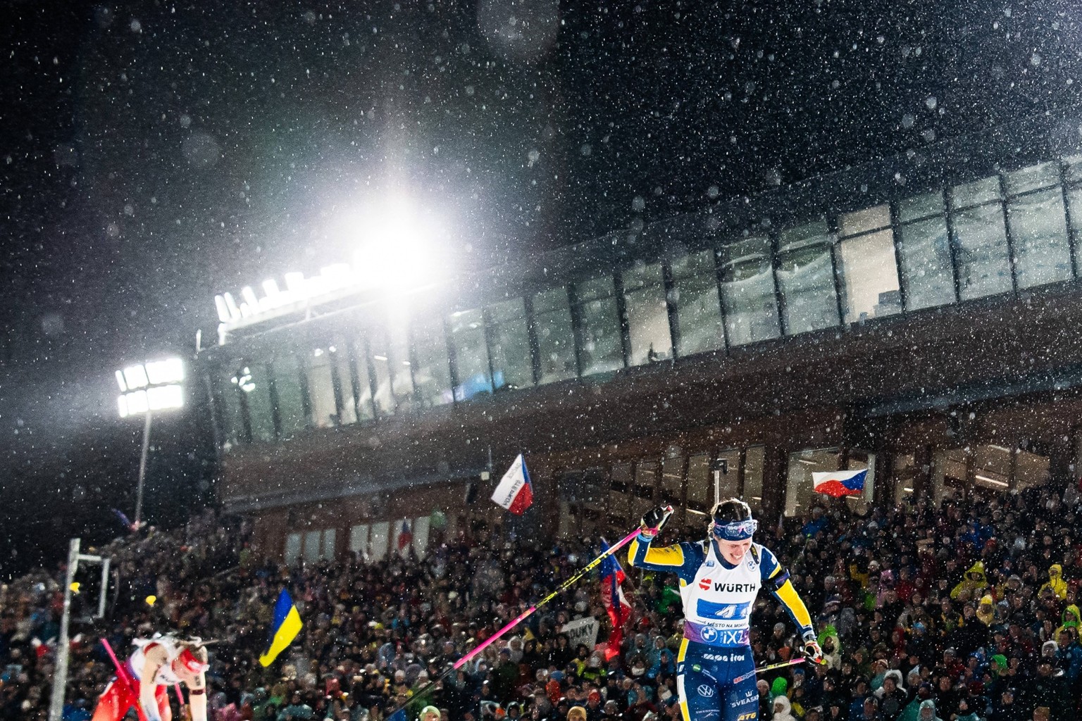 240207 Elvira Öberg of Sweden celebrates winning bronze in mixed relay during the IBU Biathlon World Championships on February 7, 2024 in Nove Mesto na Morave. Photo: Petter Arvidson / BILDBYRAN / kod ...