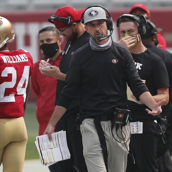 San Francisco 49ers head coach Kyle Shanahan walks on the sideline during the second half of an NFL football game against the Arizona Cardinals in Santa Clara, Calif., Sunday, Sept. 13, 2020. (AP Phot ...