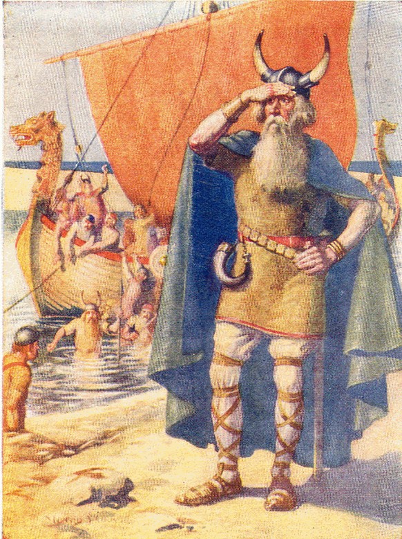Leif Eriksson mit gehörntem Wikingerhelm (Zeichnung aus einem Buch von 1908)
