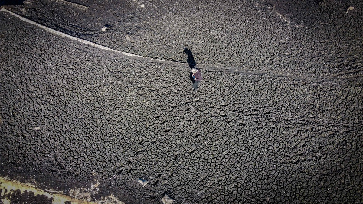 epa10741552 A person walks through a dry area of the Paso Severino reservoir, in Canelones, Uruguay, on 08 July 2023 (issued 12 July 2023). Uruguay is going through the worst water crisis in its histo ...