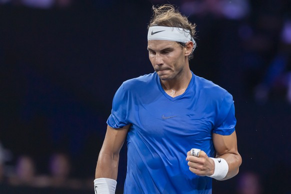 Team Europe&#039;s Rafael Nadal, reacts after winning a point to Team world&#039;s Milos Raonic, during their single match at the Laver Cup tennis event, in Geneva, Switzerland, Saturday, September 21 ...