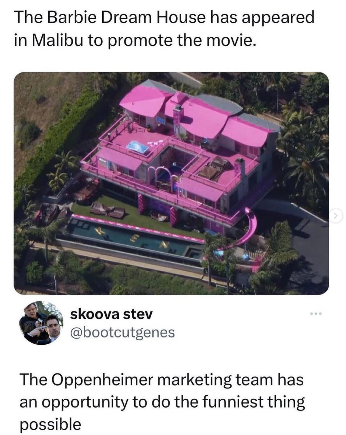Barbenheimer Barbie Oppenheimer meme

https://www.instagram.com/p/CuR0SbWvDI4/?img_index=1