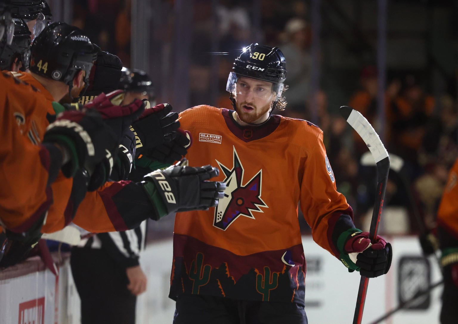 NHL, Eishockey Herren, USA Toronto Maple Leafs at Arizona Coyotes Dec 29, 2022 Tempe, Arizona, USA Arizona Coyotes defenseman J.J. Moser 90 celebrates a goal against the Toronto Maple Leafs in the thi ...