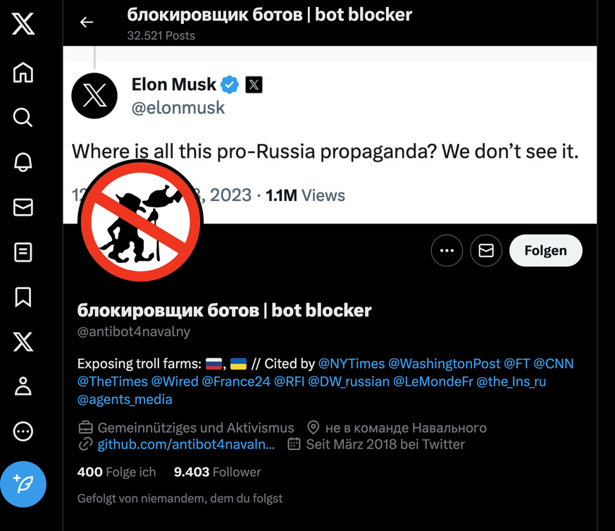 Über das Twitter-Profil antibot4navalny werden russische Desinformations-Kampagnen aufgedeckt. Auch Elon Musk ist für Putins Online-Attacken anfällig.