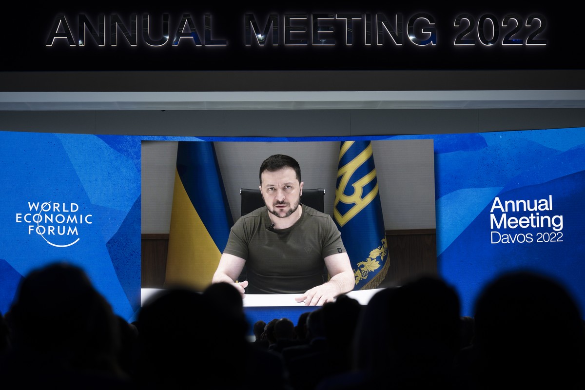 Ukrainian President Volodymyr Zelensky addresses by videolink the opening plenary session during the 51st annual meeting of the World Economic Forum, WEF, in Davos, Switzerland, on Monday, May 23, 202 ...