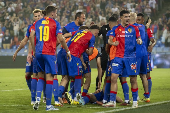 Basel&#039;s players cheer after scoring during the UEFA Conference League play-off second leg match between Switzerland&#039;s FC Basel 1893 and Bulgaria&#039;s ZSKA Sofia at the St. Jakob-Park stadi ...