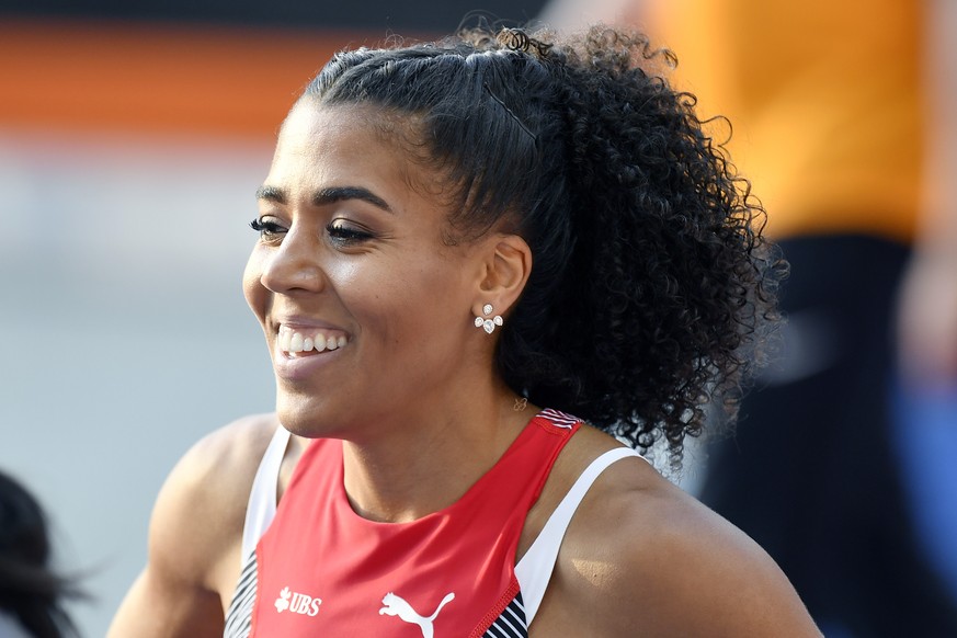 Switzerland&#039;s Mujinga Kambundji reacts after competing in the women&#039;s 100m semi final at the 2018 European Athletics Championships in the Olympiastadion stadium in Berlin, Germany, Tuesday,  ...