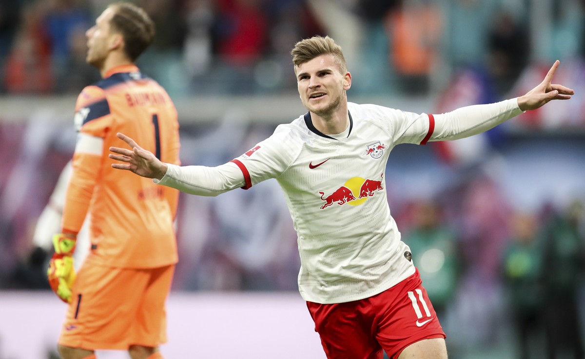 Leipzig's Timo Werner celebrates his side's opening goal during a German Bundesliga soccer match between RB Leipzig and TSG 1899 Hoffenheim in Leipzig, Germany, Saturday, Dec.7, 2019. (Jan W ...