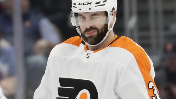 Philadelphia Flyers defenseman Keith Yandle (3) gestures before the first period of an NHL hockey game against the New York Islanders, Friday, Jan. 25, 2022, in Elmont, N.Y. Yandle broke an NHL record ...