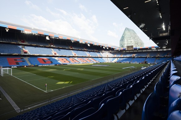 View into the empty St. Jakob-Park stadium with the St. Jakob-Tower in the background before the first leg of the UEFA Europa League round of 16 between FC Basel and FC Sevilla in Basel, Switzerland,  ...
