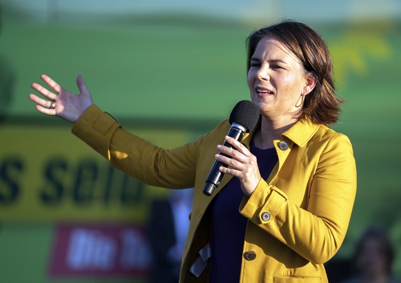 Candidate for the Green Party Annalena Baerbock speaks at an election campaign event in Wuerzburg, Germany, Wednesday, Sept. 22, 2021. German voters elect a new parliament on Sept. 26 in a vote that w ...