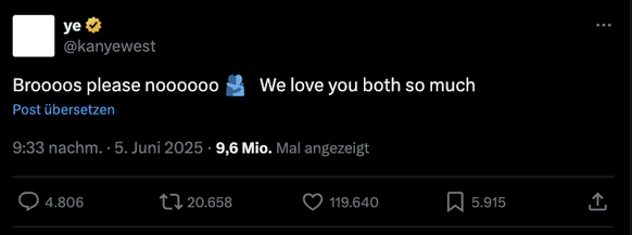 Kanye West auf Twitter zum Streit zwischen Donald Trump und Elon Musk.