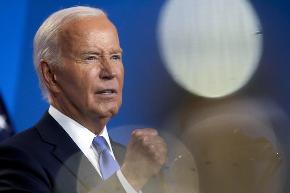 FILE - President Joe Biden speaks at a news conference on the final day of the NATO summit in Washington, July 11, 2024. Biden now is weighing whether to bow to the mounting pressure to exit the presi ...