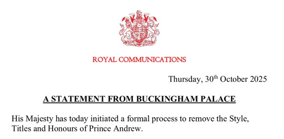 Die offizielle Mitteilung des Buckingham Palace, vom 30. Oktober 2025.