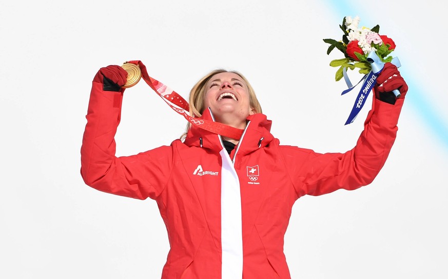 BEIJING, CHINA - FEBRUARY 11: Gold medallist Lara Gut-Behrami of Team Switzerland poses during the Women s Super-G medal ceremony on day seven of the Beijing 2022 Winter Olympic Games, Olympische Spie ...