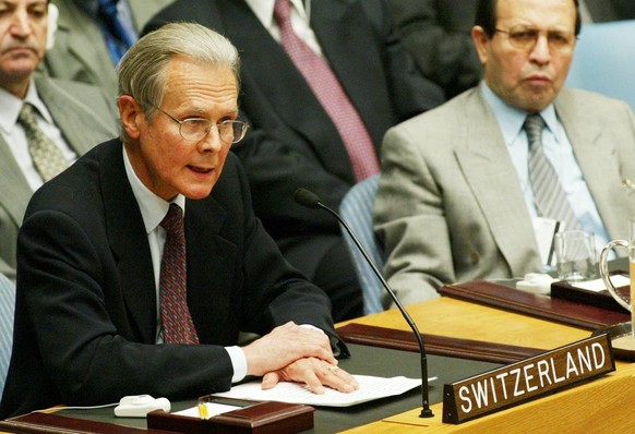 Iraq&#039;s U.N. Ambassador Mohammed Al-Douri, right, listens as Switzerland&#039;s Ambassador Jeno Staehelin speaks at a meeting of the Security Council at the United Nations Tuesday, March 11, 2003. ...