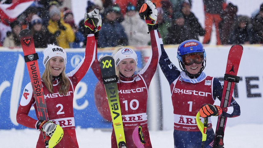 From left, second placed Austria&#039;s Katharina Liensberger, the winner Austria&#039;s Katharina Truppe and third placed United States&#039; Mikaela Shiffrin celebrate after an alpine ski, women&#03 ...