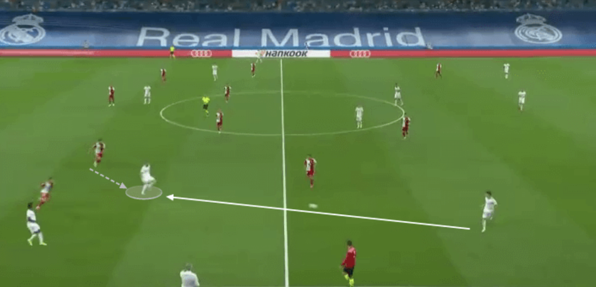 Benzema (cercle) vient chercher un ballon à mi-terrain en attirant un défenseur avec lui (traitillés).