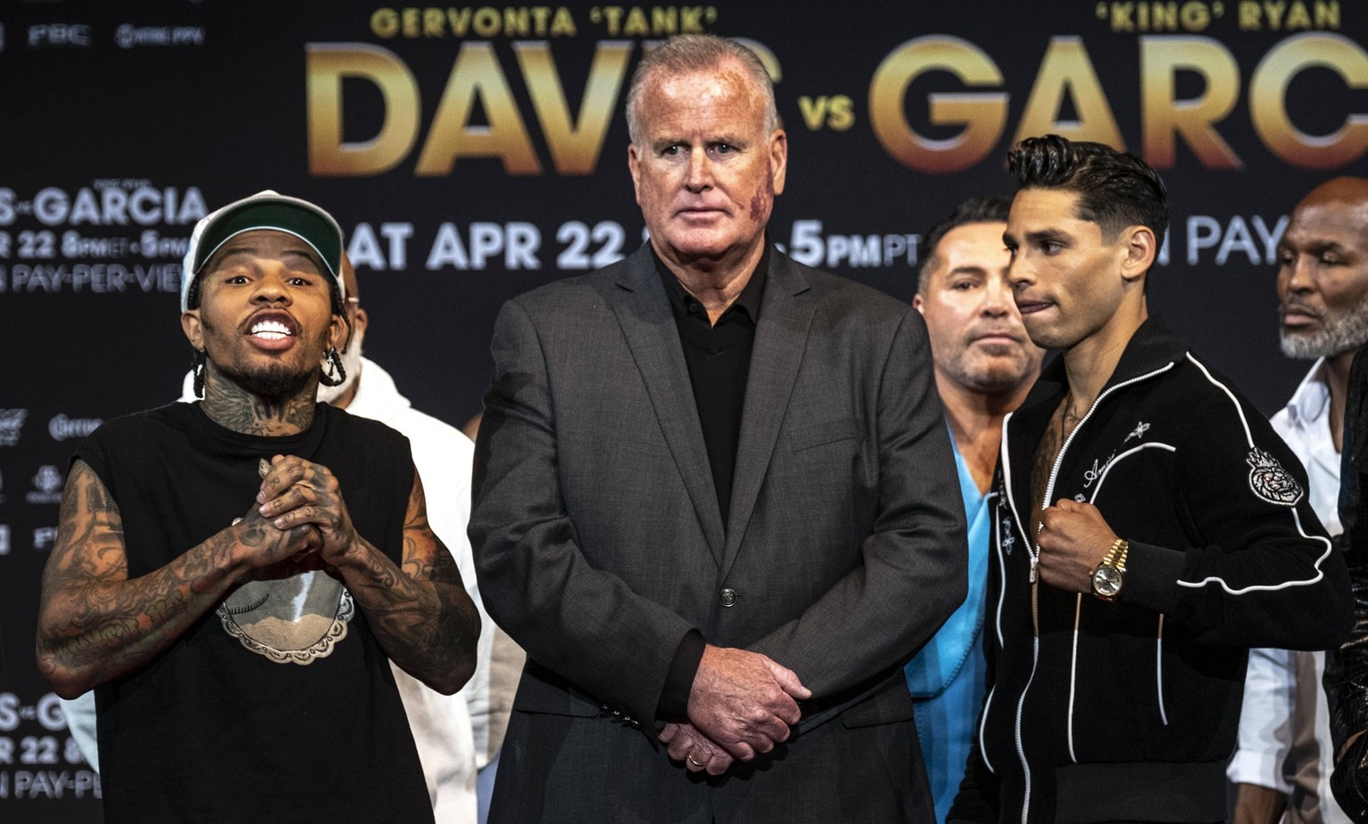 April 20, 2023, Las Vegas, Nevada, USA: Gervonta ÃâËœTankÃââ Davis and Ryan Garcia face off at the final press conference, PK, Pressekonferenz before their fight this Saturday from the T Mobile Arena  ...
