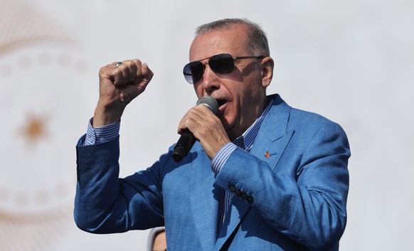 epa10614051 Turkish President Recep Tayyip Erdogan speaks during his election campaign rally in Istanbul, Turkey, 07 May 2023. Turkey will hold its general election on 14 May 2023 with a two-round sys ...