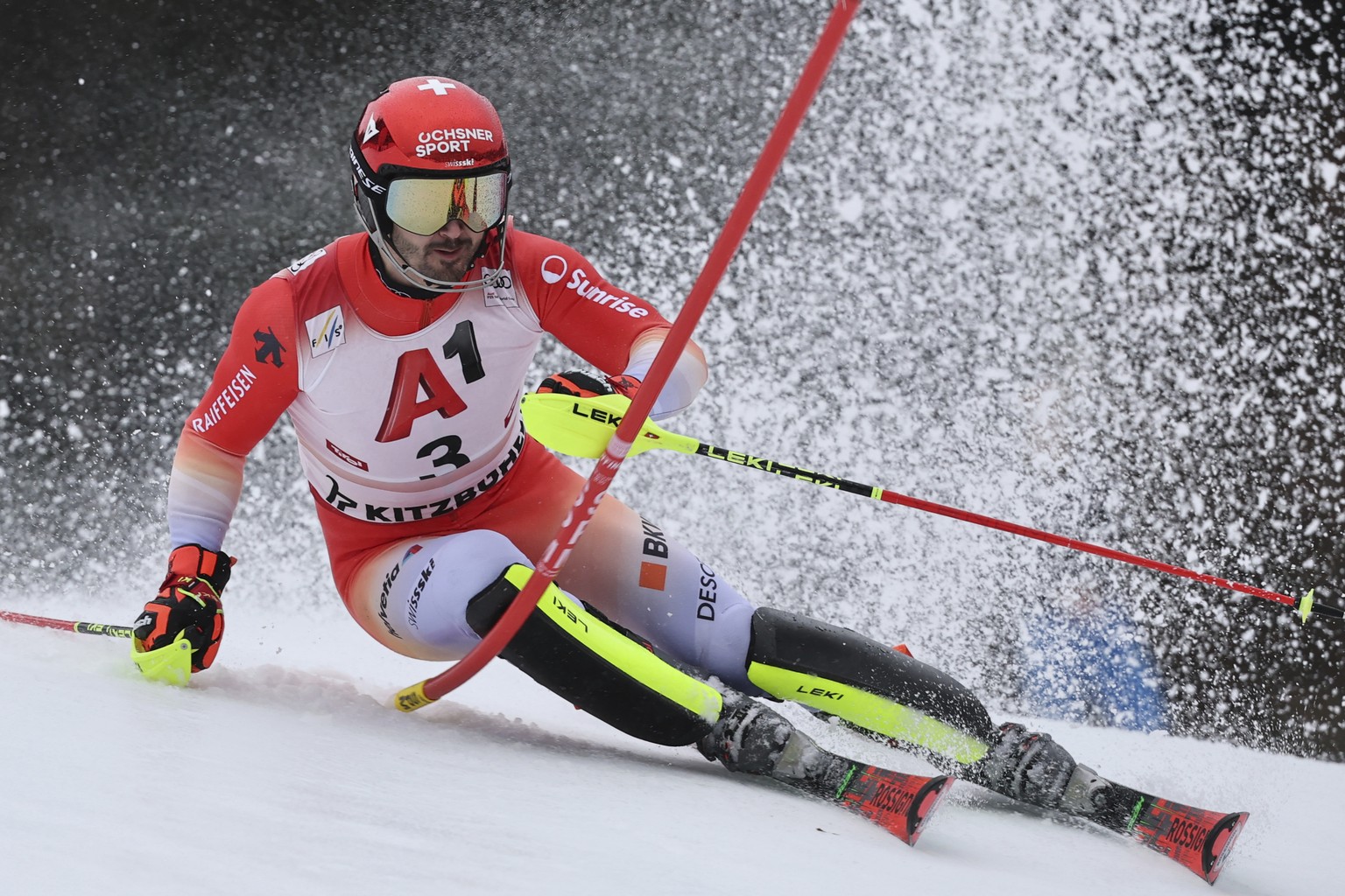 Switzerland&#039;s Loic Meillard speeds down the course during an alpine ski, men&#039;s World Cup slalom, in Kitzb�hel, Austria, Sunday, Jan. 26, 2025. (AP Photo/Marco Trovati)