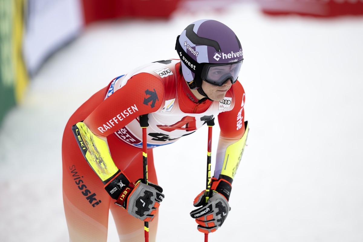 Lenz Haechler of Switzerland reacts in the finish area during the second run of the mens Giant Slalom race of the FIS Alpine Ski World Cup season opener on the Rettenbach glacier, in Soelden, Austria ...