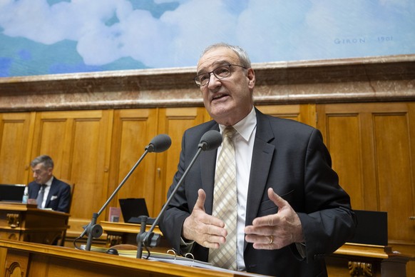 Bundespraesident Guy Parmelin spricht im Nationalrat an der Fruehjahrssession der Eidgenoessischen Raete, am Montag, 9. Maerz 2026, in Bern. (KEYSTONE/Peter Schneider)