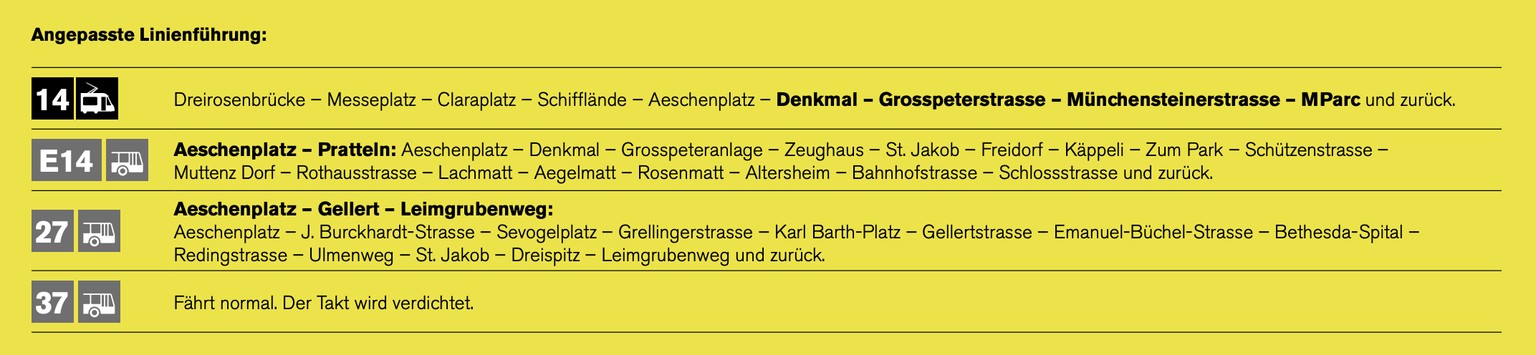 Aufgrund von Bauarbeiten in der Zeughausstrasse/
St. Jakobs-Strasse sowie im Abschnitt Muttenz Dorf bis
Lachmatt muss der Streckenabschnitt Aeschenplatz –
Pratteln Schlossstrasse für den Trambetrieb g ...