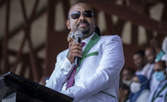FILE - In this Wednesday, June 16, 2021 file photo, Ethiopia&#039;s Prime Minister Abiy Ahmed speaks at a final campaign rally at a stadium in the town of Jimma in the southwestern Oromia Region of Et ...