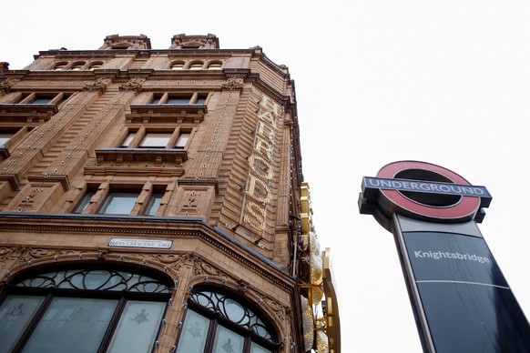 epa11788060 An exterior view of Harrods as staff picket outside the department store in Knightsbridge, London, Britain, 21 December 2024. Staff have walked out on one of the busiest days of the year f ...