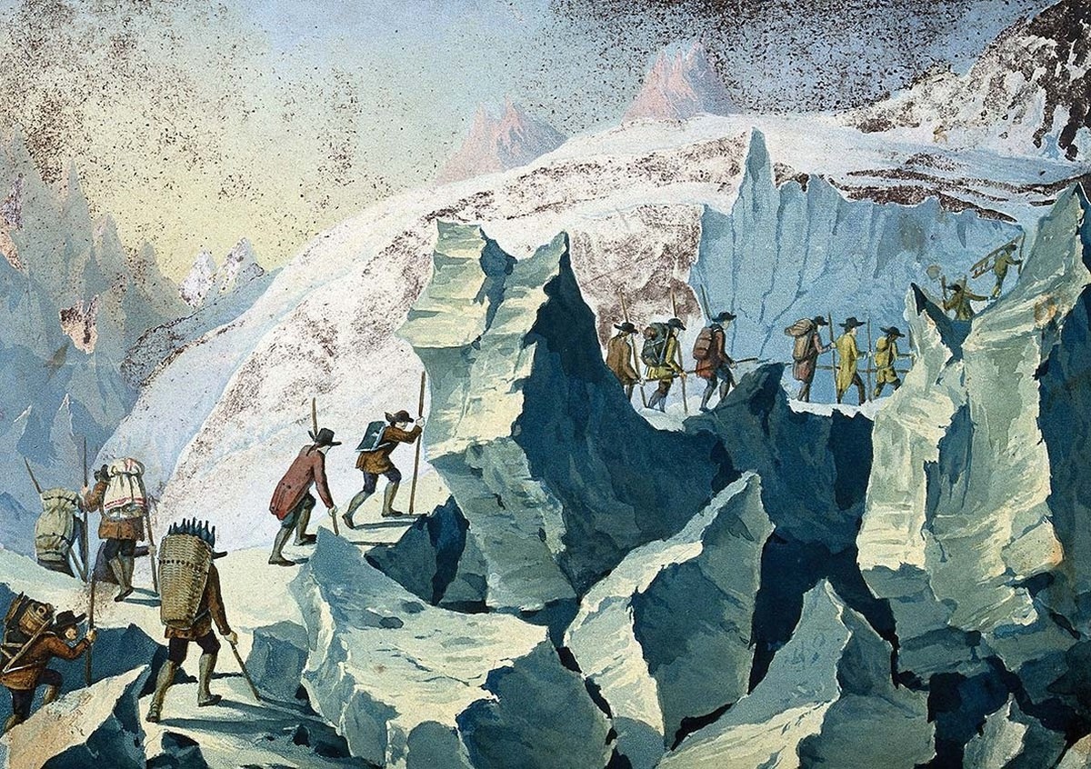Aquarelle de l’ascension du mont Blanc par de Saussure, 1787.
https://commons.wikimedia.org/wiki/File:Horace_B%C3%A9n%C3%A9dict_de_Saussure_and_others_ascending_Mont_Blanc._Wellcome_V0025169.jpg