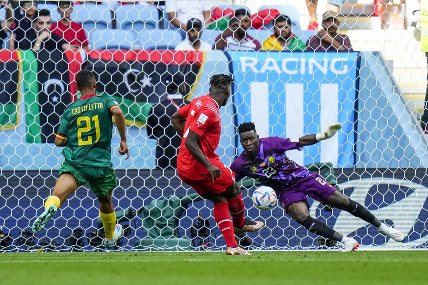 Switzerland&#039;s Breel Embolo scores the opening goal during the World Cup group G soccer match between Switzerland and Cameroon, at the Al Janoub Stadium in Al Wakrah, Qatar, Thursday, Nov. 24, 202 ...