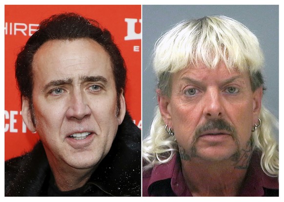 This combination photo shows actor Nicolas Cage at the premiere of &quot;Mandy&quot; during the 2018 Sundance Film Festival in Park City, Utah. on Jan. 19, 2018, left, and a booking mug of provided by ...