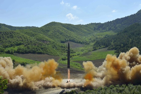 This July 4, 2017, file photo, distributed by the North Korean government shows what was said to be the launch of a Hwasong-14 intercontinental ballistic missile (ICBM) in North Korea&#039;s northwest ...