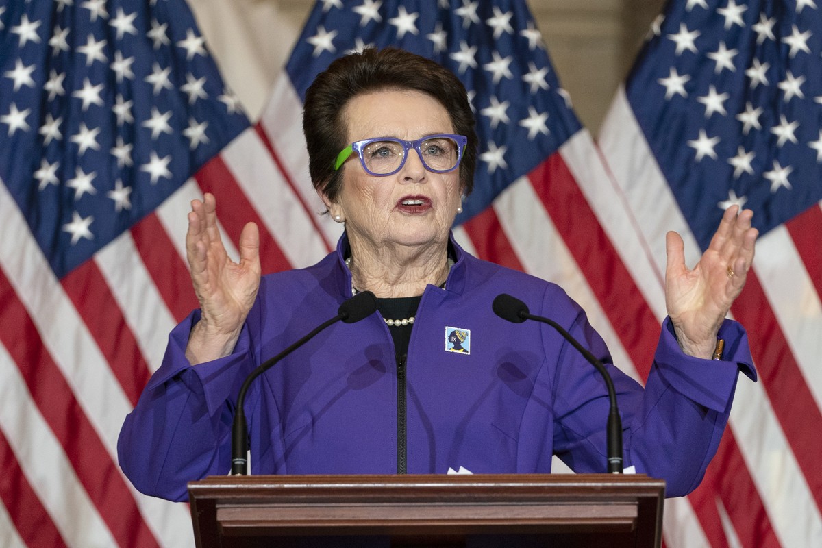 FILE - Billie Jean King speaks at a Women's History Month event honoring women athletes in celebration of the 50th Anniversary of Title IX, Wednesday, March 9, 2022, on Capitol Hill in Washington ...