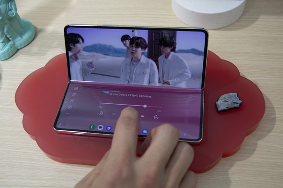 epa10769321 Samsung Galaxy Z5 Fold Phones are displayed at the Unpacked 2023 event in Seoul, South Korea, 21 July 2023. (issued 26 July 2023). Seoul is hosting the second Samsung launch event of the y ...