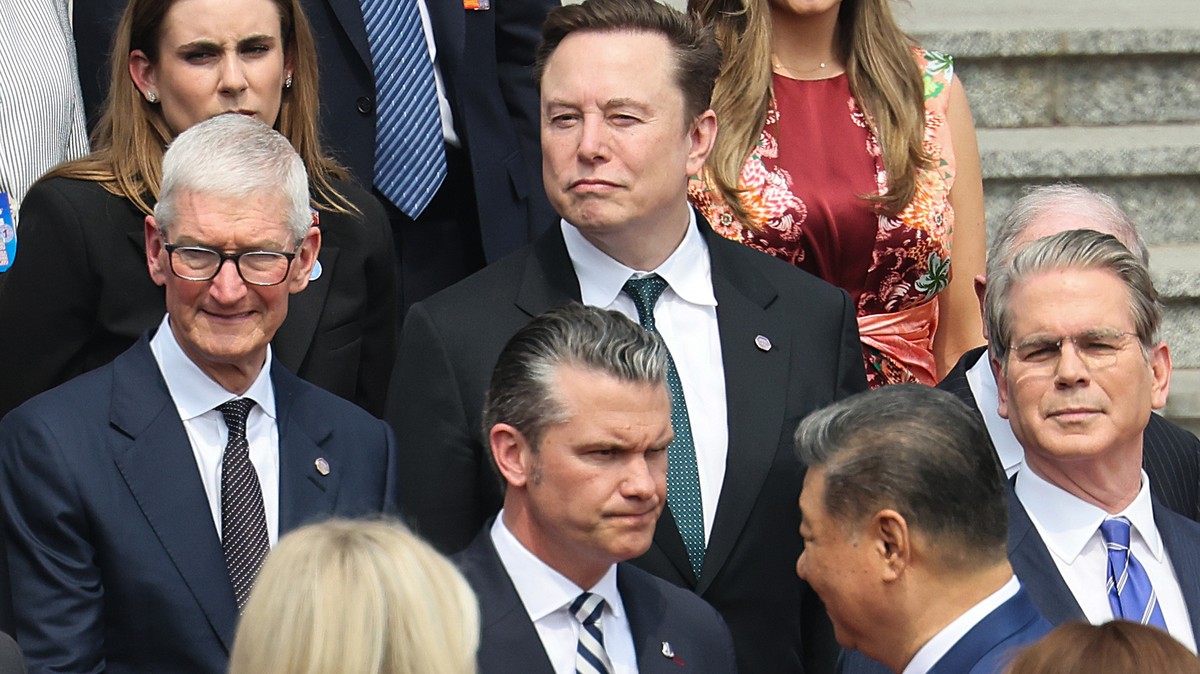 Apple CEO Tim Cook, Tesla CEO Elon Musk, U.S. Defense Secretary Pete Hegseth and U.S. Treasury Secretary Scott Bessent attend the welcome ceremony for U.S. President Donald Trump by Chinese President  ...